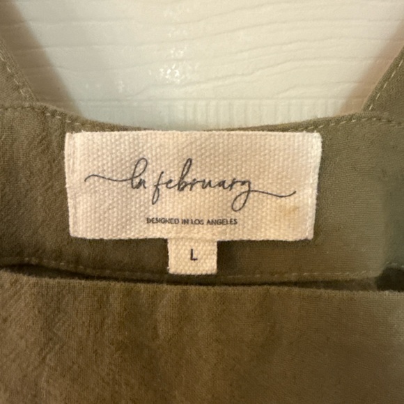 LF February Olive Green Cotton Overalls Wide Leg Bib Jumpsuit Size L Pockets - Picture 3 of 8